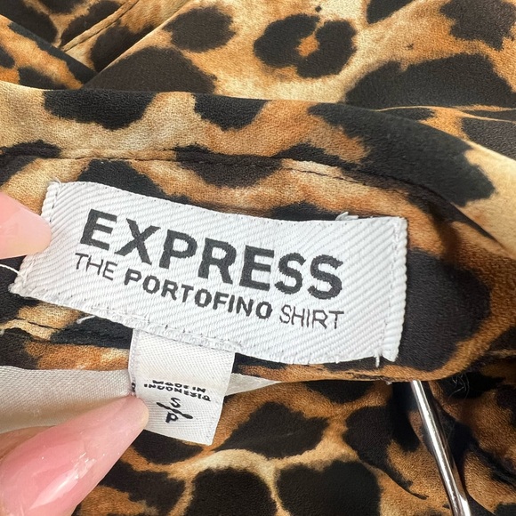 Express Portofino Shirt  Small Brown Black Leopard Button Career Casual - Picture 9 of 11